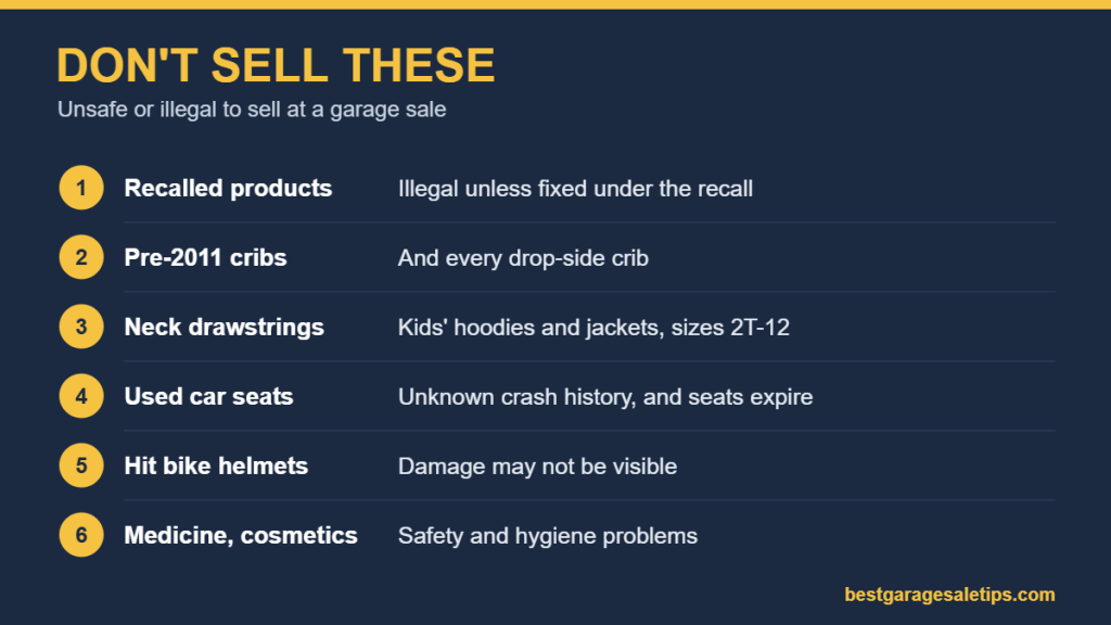 Chart of items not to sell at a garage sale: recalled products, pre-2011 cribs, neck drawstrings, used car seats, damaged helmets, medicine